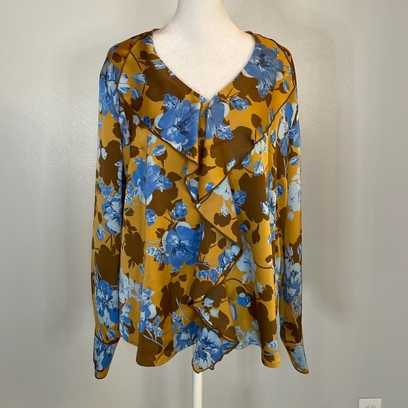 Laurie Felt Tops - [Laurie Felt] Golden Floral Satin Blouse - Size Large